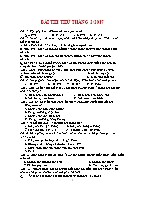 Đề trắc nghiệm thi thử tháng 2 Lịch sử lớp 12 - Năm học 2016-2017